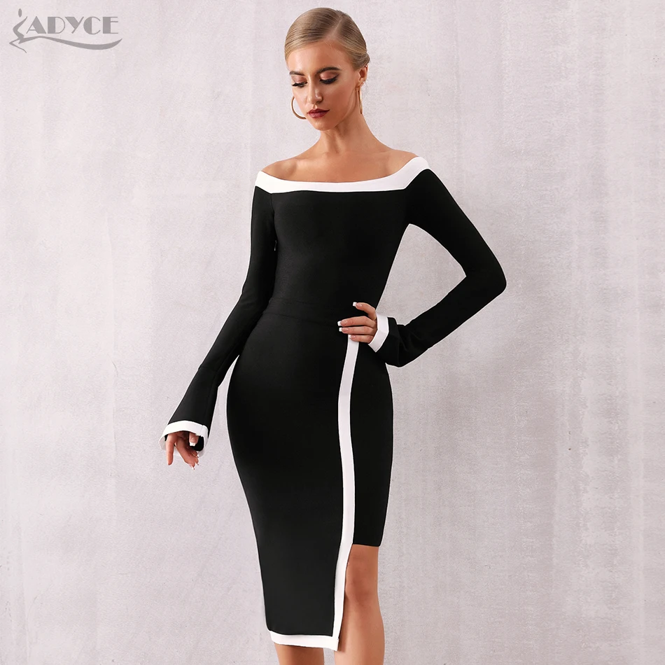 

Adyce 2019 New Autumn Bandage Dress Women Vestidos Sexy Slash Neck Long Sleeve Off Shoulder Club Celebrity Evening Party Dress