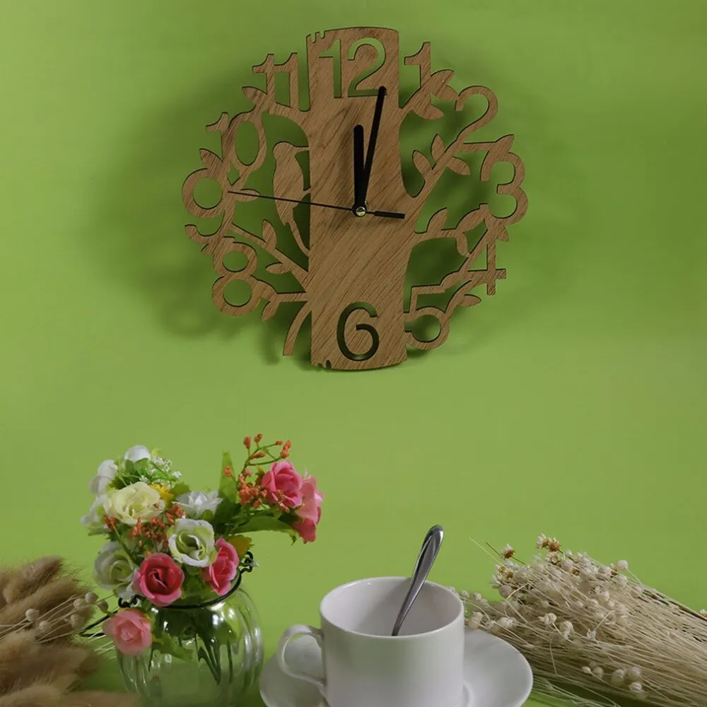 Modern Art Design Wood Hollow Tree Wall Clock Wooden Fashion Style Home Living Room Coffee Shop Chic Bar Decor Ornament Gift