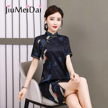 

JiuMeiDai Chinese Style Printed Dress Ladies Elegant Stand Collar Mini Dresses Female Short Sleeves Sexy Retro Party Cheongsam