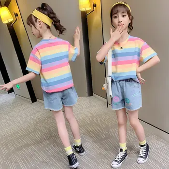 

Girls Teens Summer Children Clothes Outfits Rainbow T-shirt + Denim Shorts Casual Tracksuit For Kids Girl Clothing Two-Piece Set