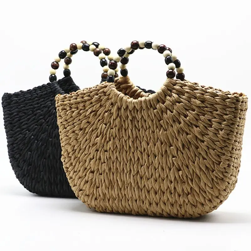 

Beach Straw Bag Women Large Hand-woven Purse Summer Rattan Top-handle Tote Handbag with Beaded Handle F42A