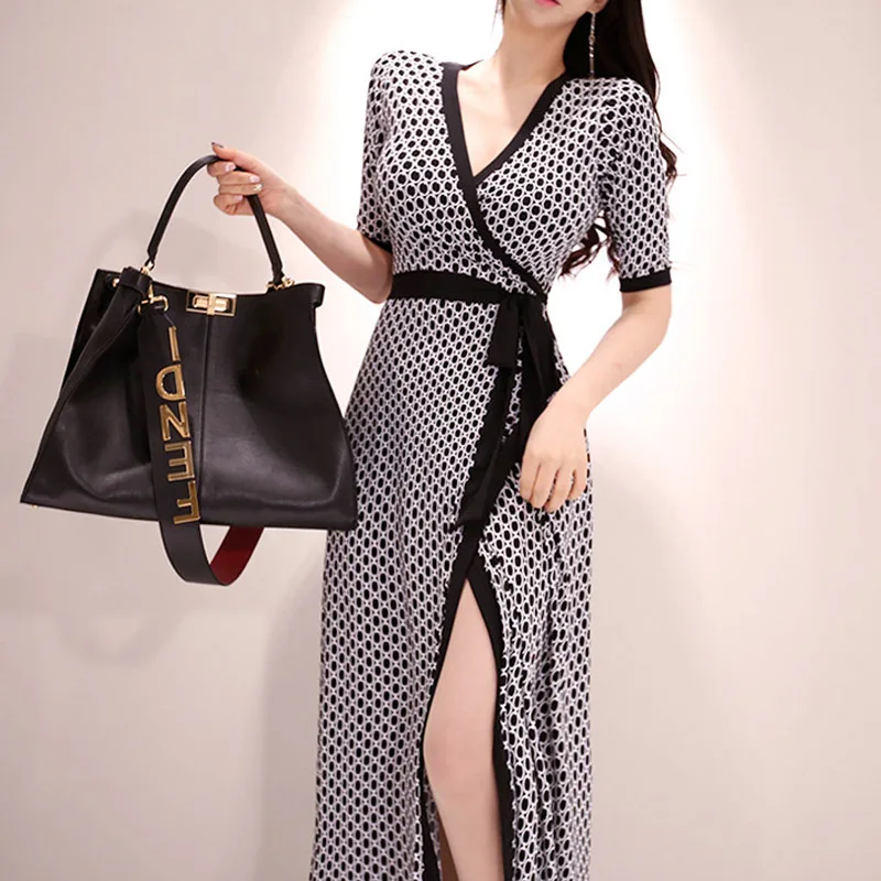 

2019 Summer Sexy Elegant V-neck Geometry Printed Tight Lace-up Waist Hugging Slit-Wrap Dress Women's