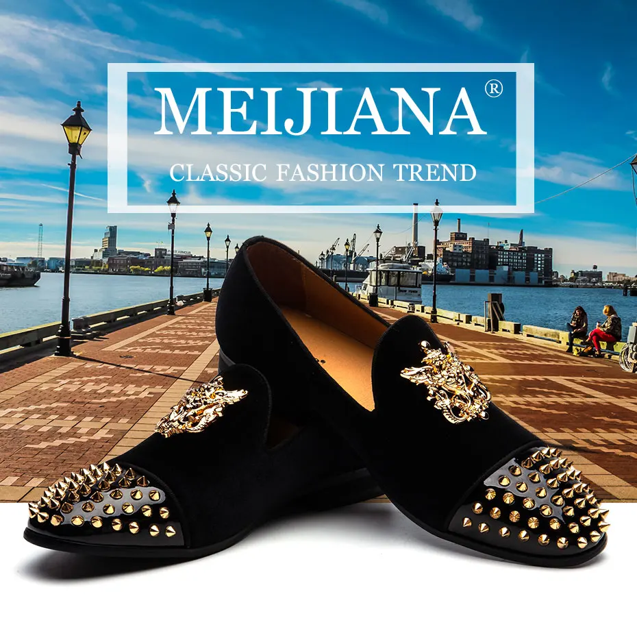 MEIJIANA; Новинка; мужские лоферы с шипами; цвет белый, золотой; Роскошная брендовая модная обувь; мужские лакированные туфли-оксфорды с шипами