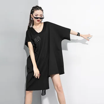 

WOMENGAGA 2020 summer the new Splicing sequins Pullover T-shirt irregular Large size V word collar Loose girl female q0021