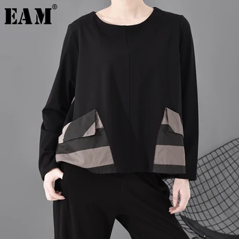 

[EAM] Women Black Striped Pocket Split Joint Temperament T-shirt New Round Neck Long Sleeve Fashion Spring Autumn 2020 1S689