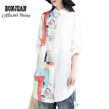 

Womens Ramie Shirt Blouse Extra Long Big Loose Print Elegant Fashion Casual for Spring Summer AZ18301336