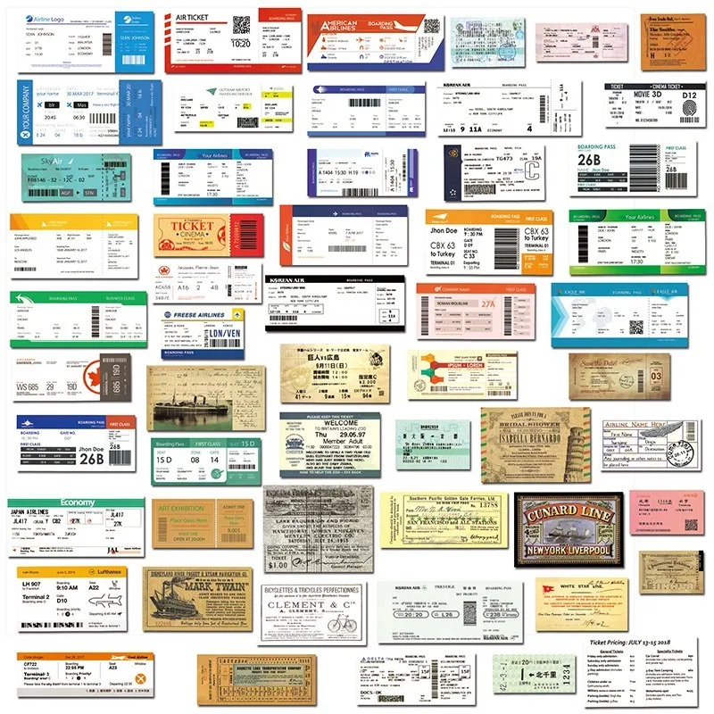

55 Pcs/pack PVC Waterproof Mixed Aircraft Boarding Pass Stickers for Trolley Case Sticker Retro Laptop Cool Sticker