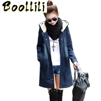 

Boollili High-end Denim Trench Coat 2020 New Fashion Denim Blue Hooded Loose Casual Coat Female Plus Size 4XL Manteau Long