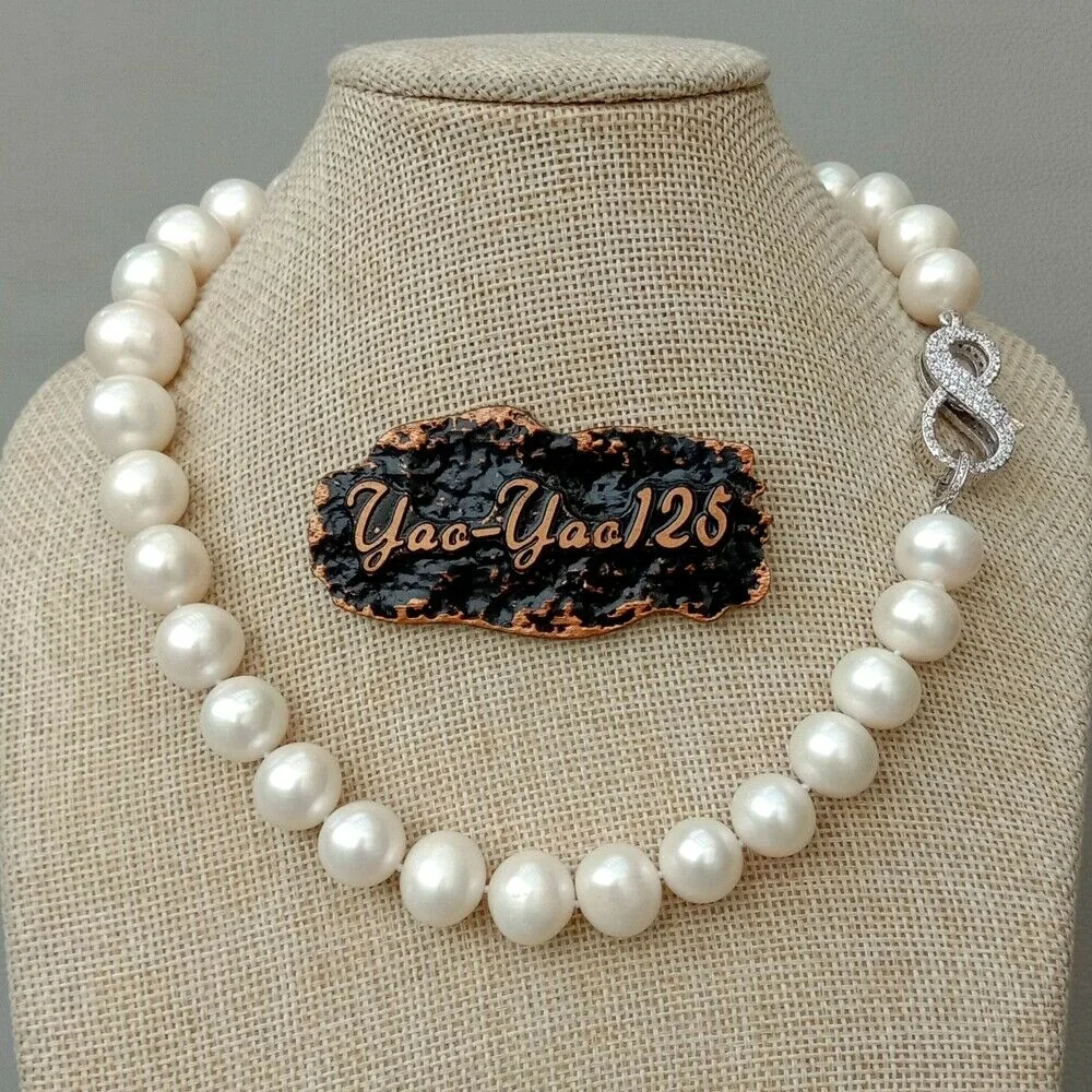 

18" 13-14mm Big Cultured White Pearl Necklace Cz pave Clasp