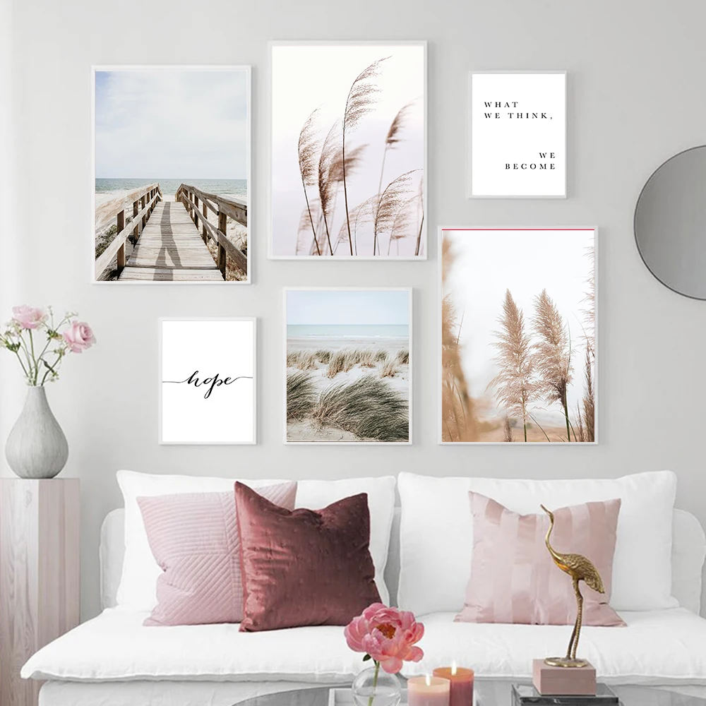 Lakeside Plant Photography Poster Minimalist Quote Canvas Painting Beige Reed Art Print Landscape Wall Picture Living Room Decor |