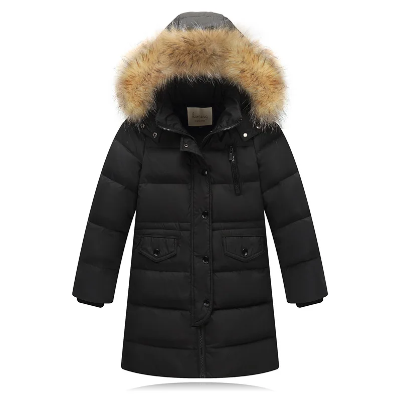 Зимняя куртка Модные Детские Пуховые Пальто с капюшоном воротник из натурального меха, толстая Длинная зимняя куртка s для мальчиков и девочек, Детское пальто