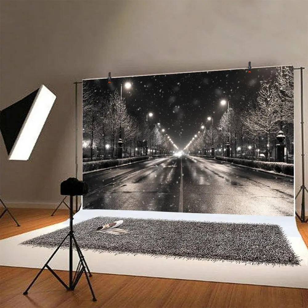 Снежинка ночной вид уличные фонари портретный фон для фотосъемки с изображением