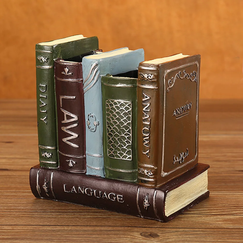 

Decoration Vintage Multifunction Resin Book Shape Office Durable Two Compartment Organizer Desk Sundries Storage Pen Holder Home