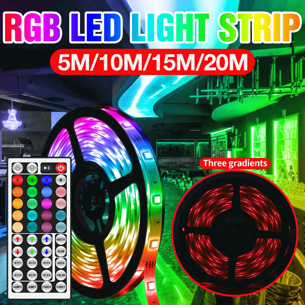 

RGB Strip LED Light Strip DC12V Diode Tape 5M 10M 15M 20M Waterproof Flexible Ribbon LED Fita US EU UK Plug Desktop BackLight