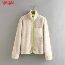Tangada, женская зимняя шикарная куртка, плюшевое Женское пальто, флисовые куртки, на молнии, с карманами, с длинным рукавом, Женская Толстая теплая верхняя одежда CE452