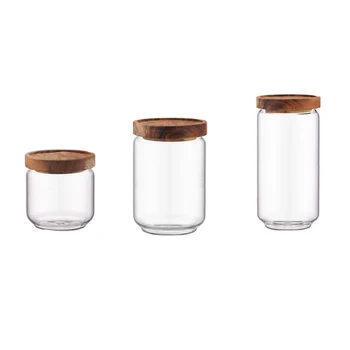 

HOT SALE 3 Pcs Wood Lid Glass Airtight Canister Kitchen Storage Bottles Jars Food Container Grains Tea Coffee Beans Grains Jar