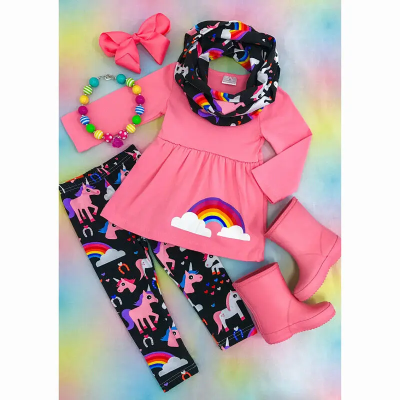 New Rainbow Kids Baby Girls Outfit Clothes Set Tops T shirt+Unicorn Leggings Pants 2pcs Sets | Детская одежда и обувь