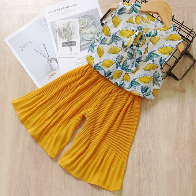 AY266 yellow Bear leader/комплекты одежды для девочек Новая летняя модная футболка без рукавов для девочек и повседневные штаны комплект одежды из 2 предметов для девочек возрастом от 3 до 7 лет - Цвет: AY266 yellow