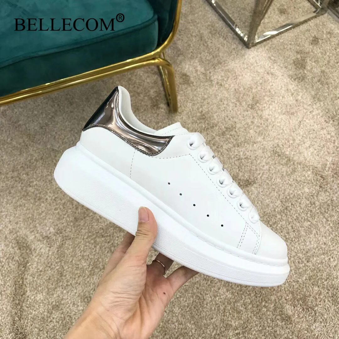 Bellecom/Новинка года; женские кроссовки на платформе; мужские кожаные туфли на плоской подошве; маленькие белые туфли; Повседневная обувь McQueen; zapatos mujer; Размеры 35-45