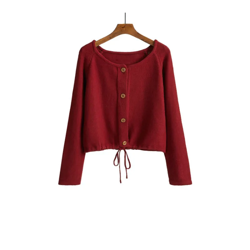 

Millinsus Autumn women Cardigan Sweater Solid color Round neck Single Breasted Knitted Sweaters Casual Waist short Jacket coat
