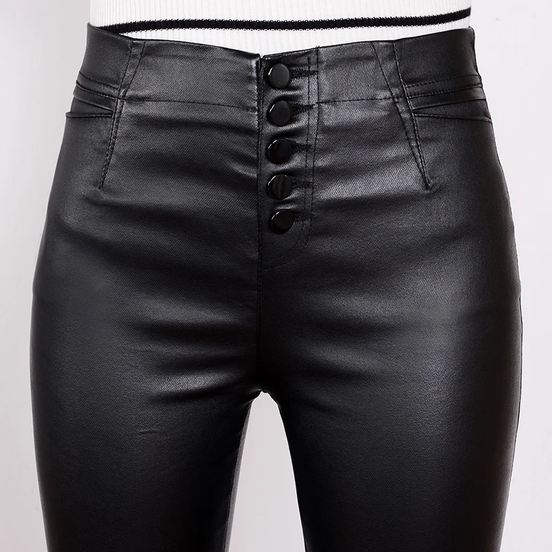 

Spring 2020 Autumn Winter New Women's Slim Leggings High Waist Elastic Plus Plush PU Leather Pants Women Faux Leather 183E
