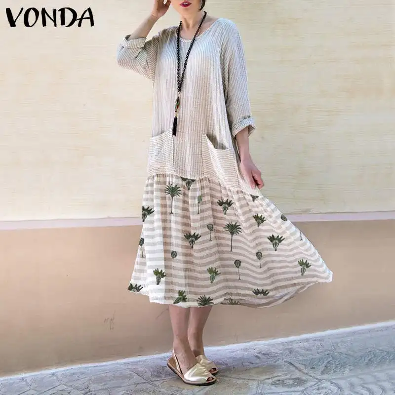 Пляжное длинное платье VONDA летнее сексуальное с круглым вырезом, с длинным рукавом для будущих мам, макси свободное платье, праздничное платье, сарафан, богемное платье