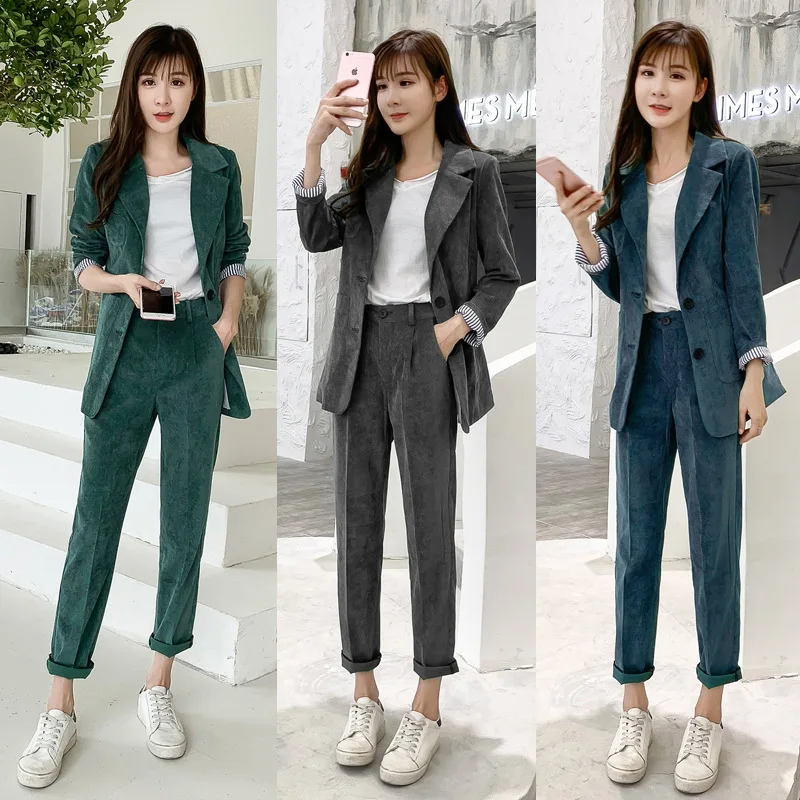

Corduroy suit female 2019 autumn and winter new small suit jacket feet pants two sets of temperament casual solid color women's