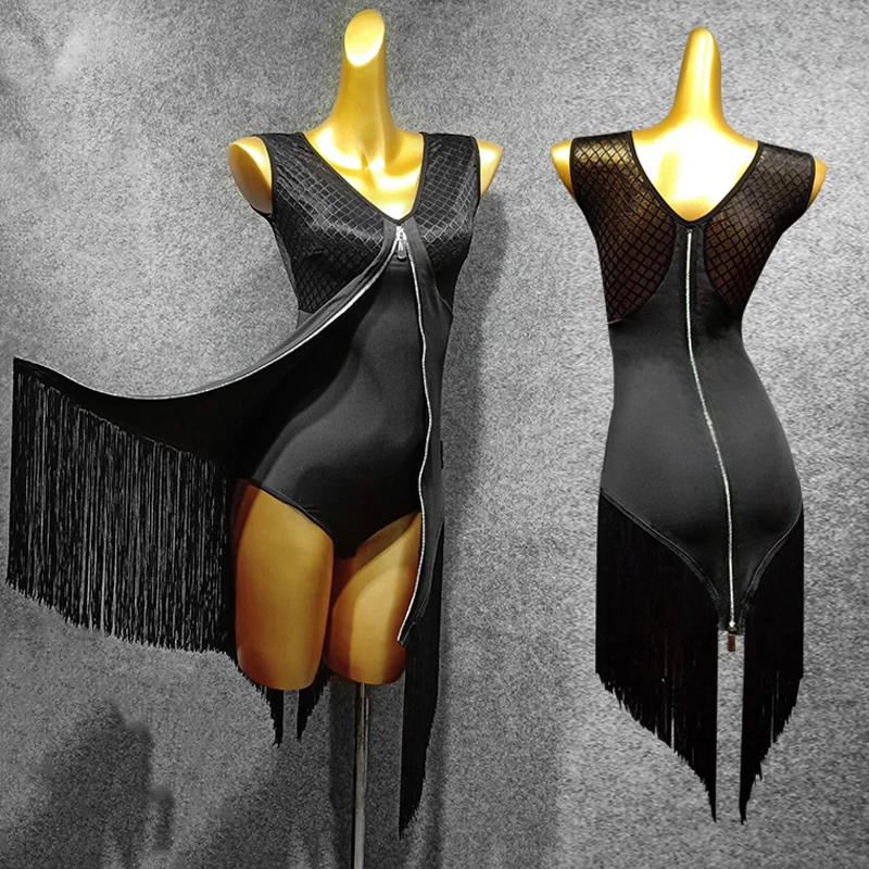

Unique Design Latin Dance Dress Women Fringe Skirt Black Dress+Leotard Rumba/Salsa Dress Latin Dance Competition Dresses VDB770
