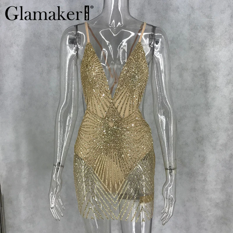 Glamaker, прозрачное платье с глубоким v-образным вырезом, короткие, сексуальные, вечерние, с блестками, облегающее, женское платье, с открытой спиной, Бандажное, винтажное, золотое, женское платье