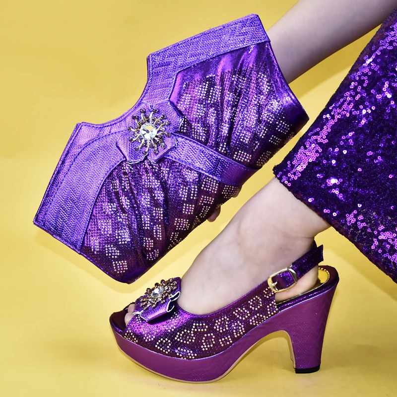 Итальянский комплект из комплект Обувь в африканском стиле и сумки в комплекте, Размер 38–43 стразы свадебные туфли в африканском стиле, итальянская обувь и комплекты с сумкой для украшения - Цвет: Фиолетовый