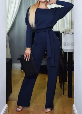 navy blue Модные женские комбинезоны с длинными рукавами и поясом, элегантные женские Рабочие комбинезоны, повседневные Комбинезоны на осень и весну абрикосового цвета - Цвет: navy blue