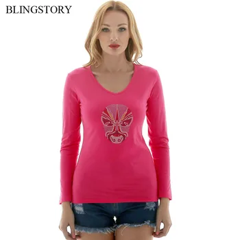 

BLINGSTORY Big Size Women Graphic T Shirts V-neck Autumn Tops Hot Drilling Cotton Long Sleeve Bottoming T-shirt