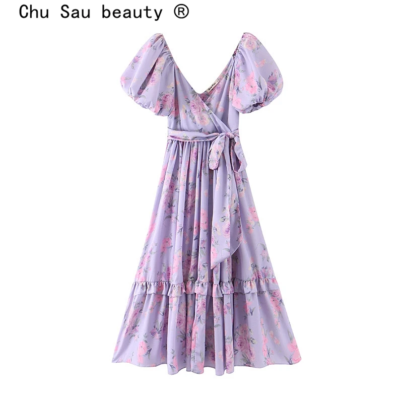 Chu Sau beauty, новая мода, Ins Blogger, стиль, цветочный принт, платье для женщин, бохо, шик, шелк, имитация банта, пояса, обёрточная бумага, платья для женщин