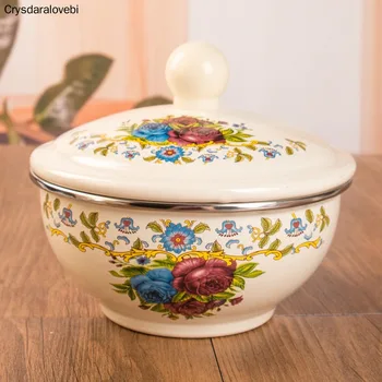 

Vintage Enamel Bowl Dish Thickened Large Capacity with Cover for Kitchen Refrigerator Food Fruit Container Mixing Bowl