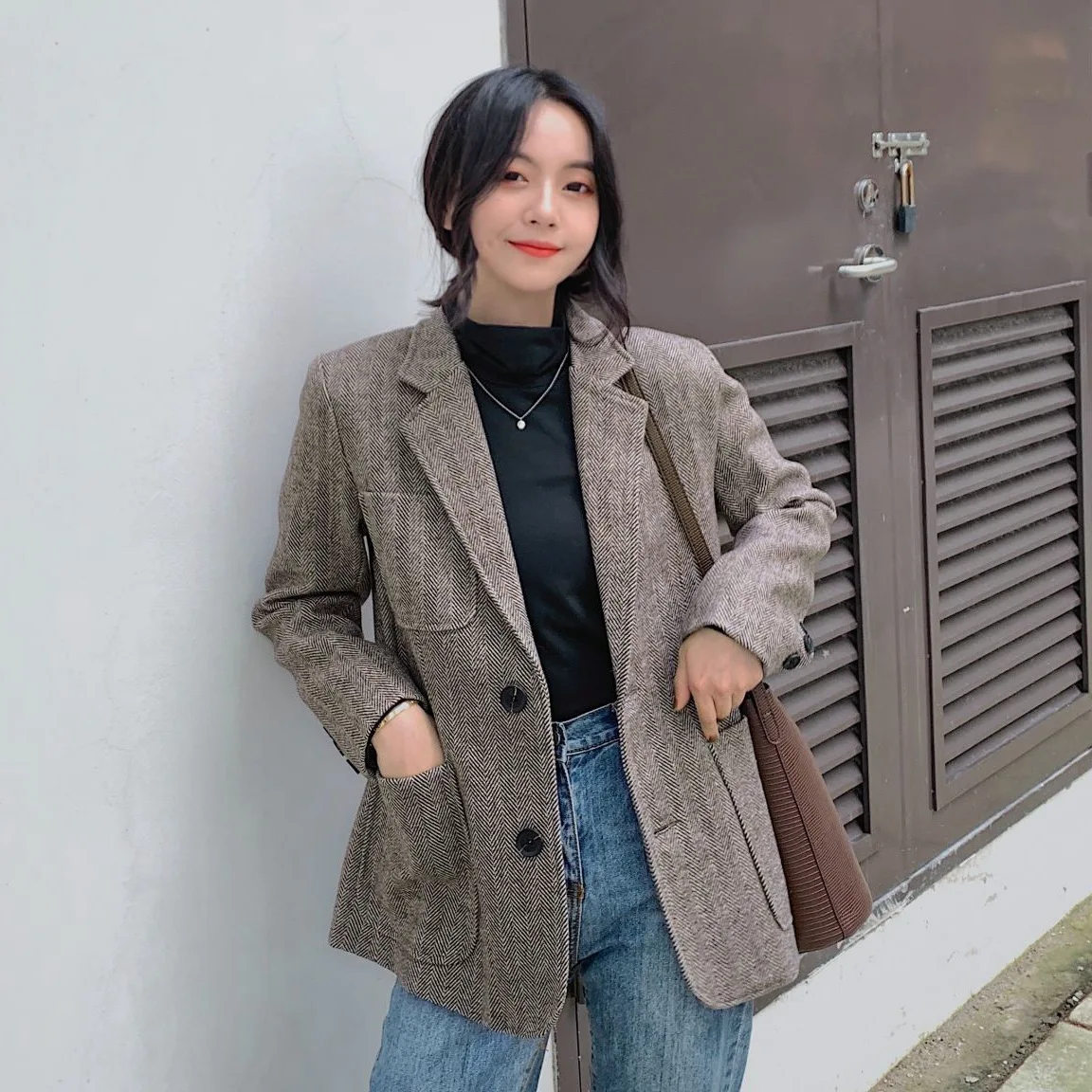 

Wool Suits Jacket Loose Blazer Coat Woman 2020 Spring Herringbone Stripe Single-breasted Casual Office Coat Ladies Winter Blazer