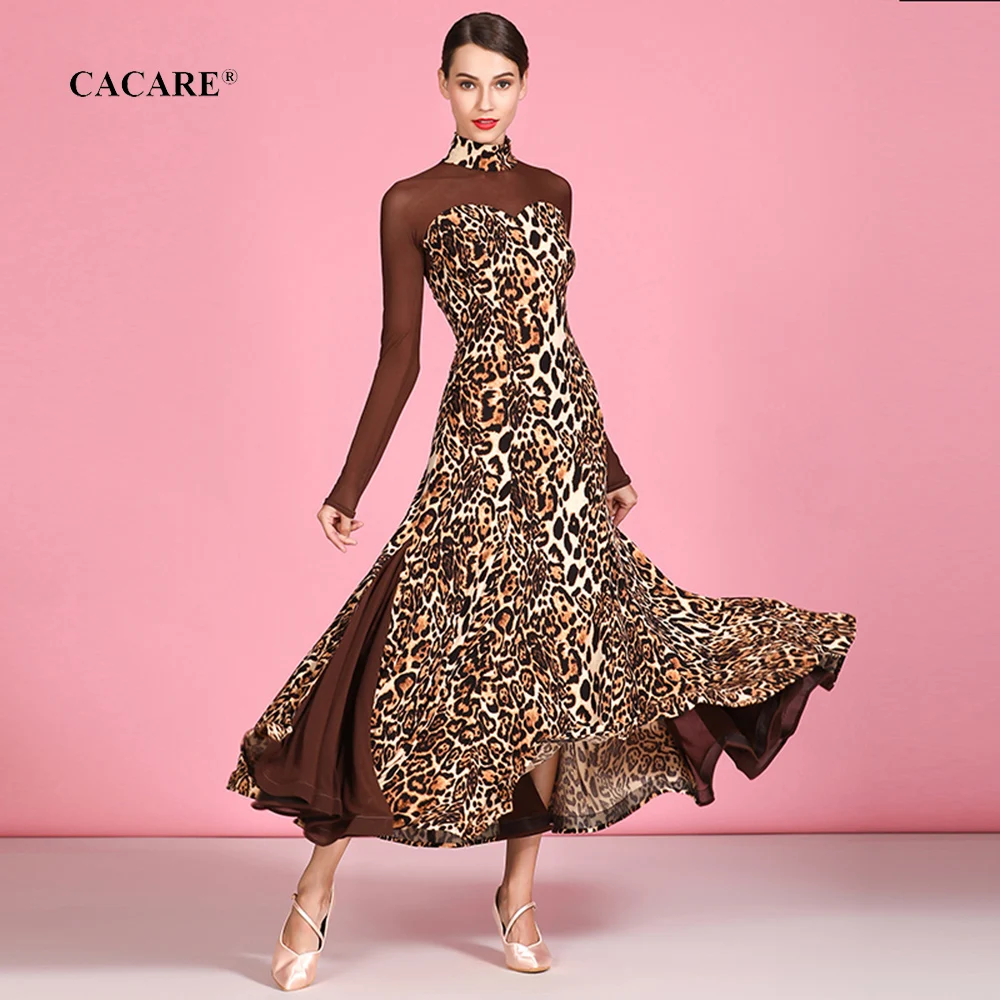 

CACARE Ballroom Dance Competition Dresses Waltz Dress Standard Dance Dresses D0164 S-2XL Long Mesh Sleeve Big Hem