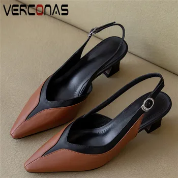 

VERCONAS Women Brand Design Genuine Leather Slippers Pointed Toe Thick Heels Working Shoes Summer Sandals Elegant Shoes Woman