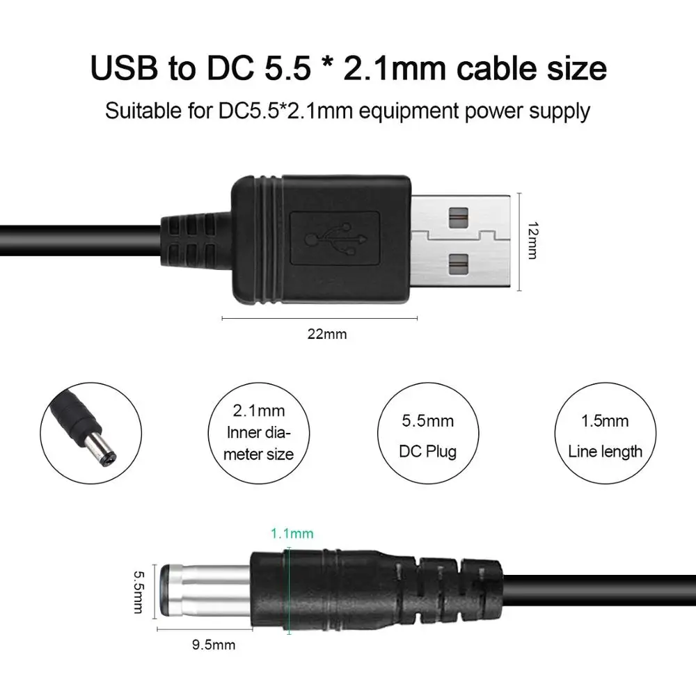 USB к DC 5,5x2,1 мм баррель Джек Центральный штифт Положительный Кабель питания Шнур зарядного устройства 5FT для светодиодной ленты, монитора, камеры, маршрутизатора(2 шт