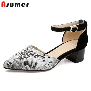 

ASUMER 2020 new arrive summer shoes women pumps print pointed toe buckle square heel fashion party wedding shoes ladies