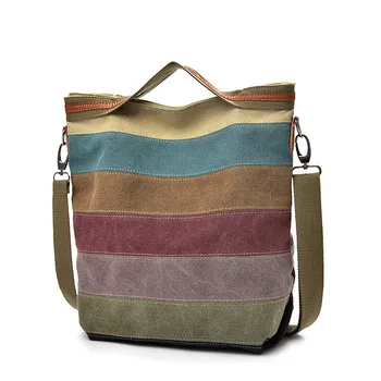 

Fashion Canvas Bag Brand Women Handbag Patchwork Casual Women Shoulder Bags Female Messenger Bag Ladies Rainbow Purse Pouch