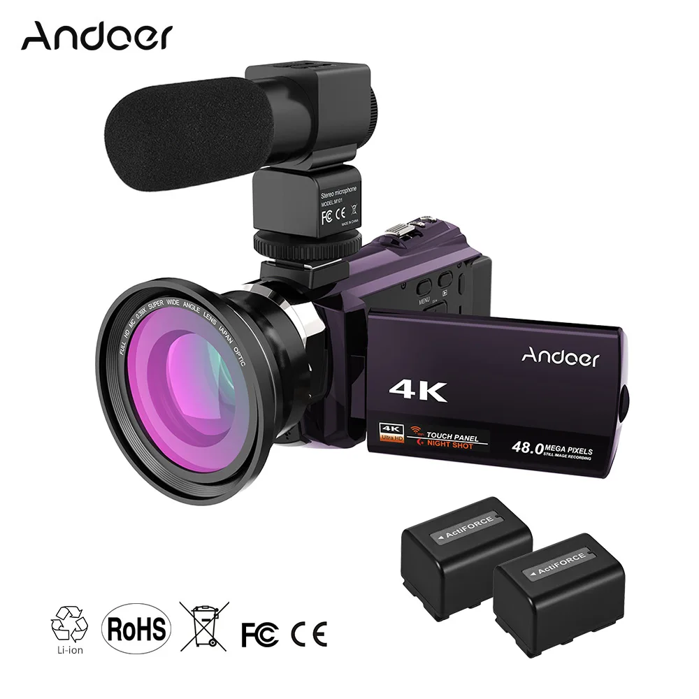Coffee 4 Andoer WiFi цифровая видеокамера 4K 1080P 48MP камера видеокамера рекордер с 2 перезаряжаемыми батареями 0.39X широкоугольный объектив микрофон - Цвет: Coffee 4