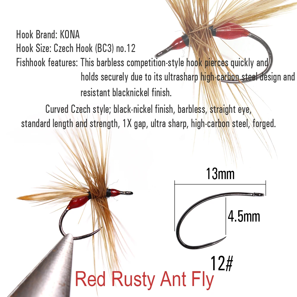 ICERIO 6PCS Red Rusty Ant Fly Dry Flies Barbless Hook Trout