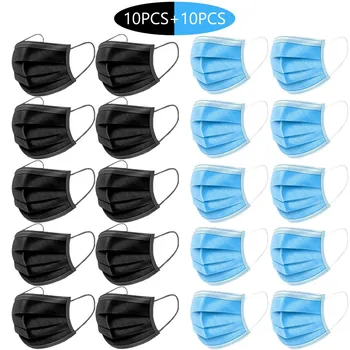 

20PCs Adult Universal Blue And Black Disposable Mask Pollution Prevented Dustproof Fabric Face Mask Protection Mouth Mask