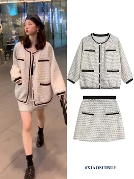 

Europe and the United States new round neck long-sleeved women's tweed half-length skirt suit autumn air network red two-piece