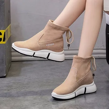 

Women Ankle Boots Platforms Shoes Woman High Heels Inside Height Increasing Faux Suede Boots Lace Up Sneakers I5-37