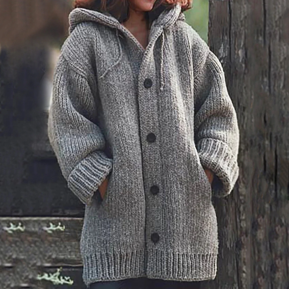 

Women Cardigans Sweater Coats Warm With Caps Loose Wool Knitted Coat Autumn Winter Women Long Cardigan Oversized Hooded Cutton