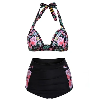 

TOP!-Women's Halter Geometric Print High Waisted Swimsuit Bathing Suits Bikini, Black + flower-color XXL
