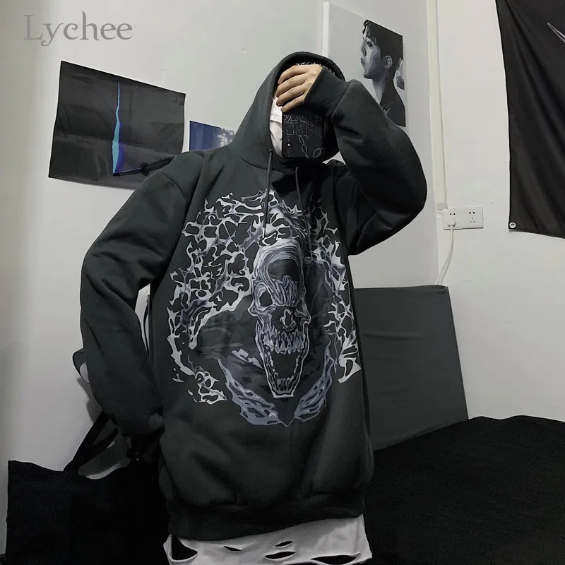 Lychee Harajuku повседневные свободные женские флисовые толстовки молния череп Женские флисовые толстовки с капюшоном осень зима леди с капюшоном Топ