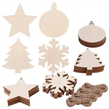 

40 Pieces 4 Style Wood Slices with Round Wooden, Snowflake, Star, Christmas Tree Cutouts and Jute Twine for Kids Crafts Christma
