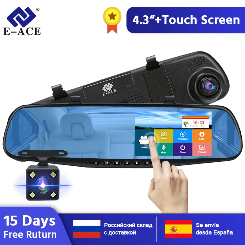 E-ACE A12 Dvr 4,3 дюймов сенсорный экран видеорегистратор зеркало заднего вида цифровой видеорегистратор двойной объектив регистратор FHD 1080P Автомобильный видеорегистратор